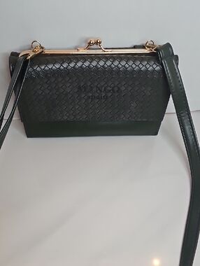 Mango Dark Green Woven Crossbody Bag with Gold Hardware
